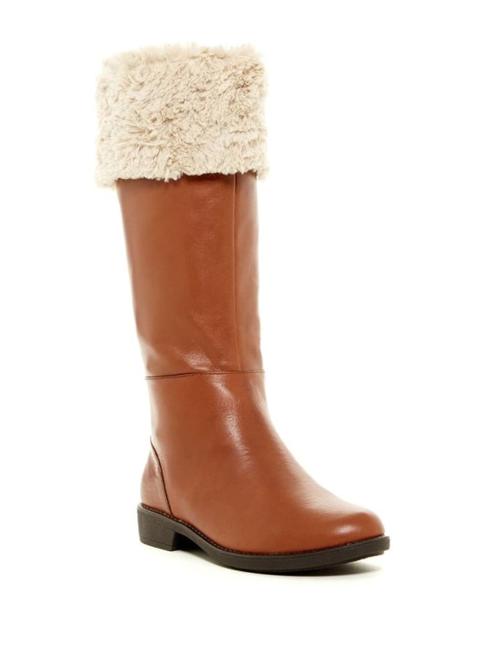 TARYN ROSE Women's •Avis• Mid-Calf Leather Boot Faux Fur Trim 6M Tan Leather